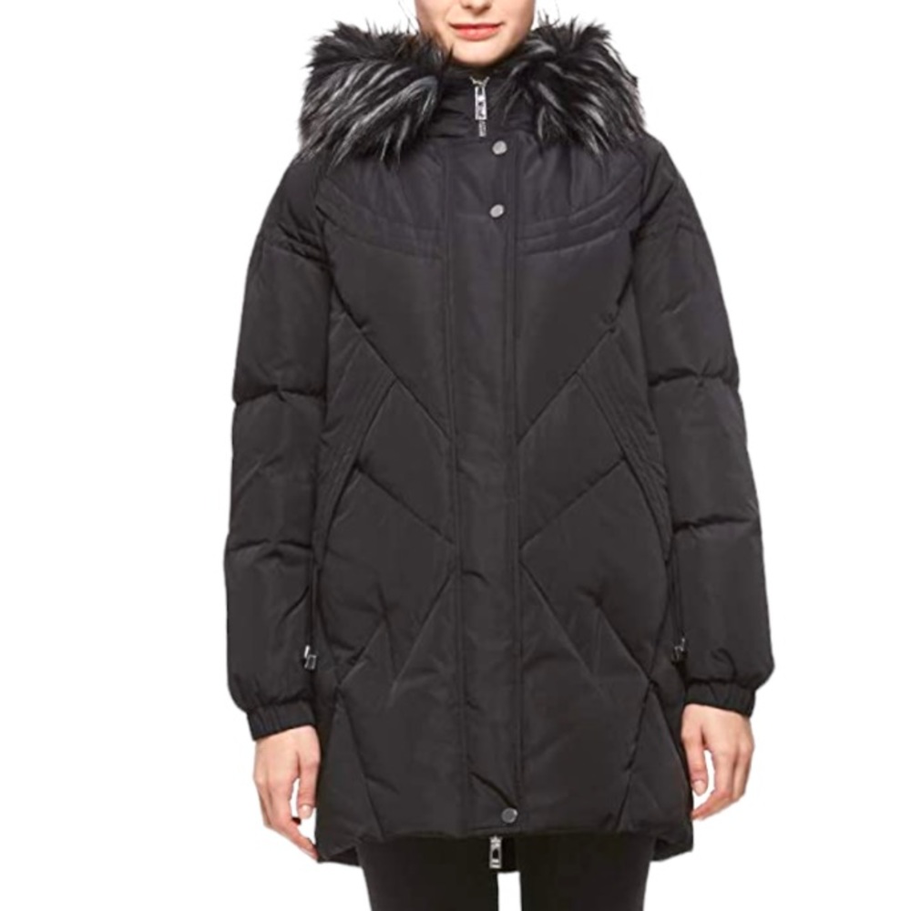 NEW! Duck Down Coat Hooded Puffer Parka Heavy Duty Removable Fur Black Small